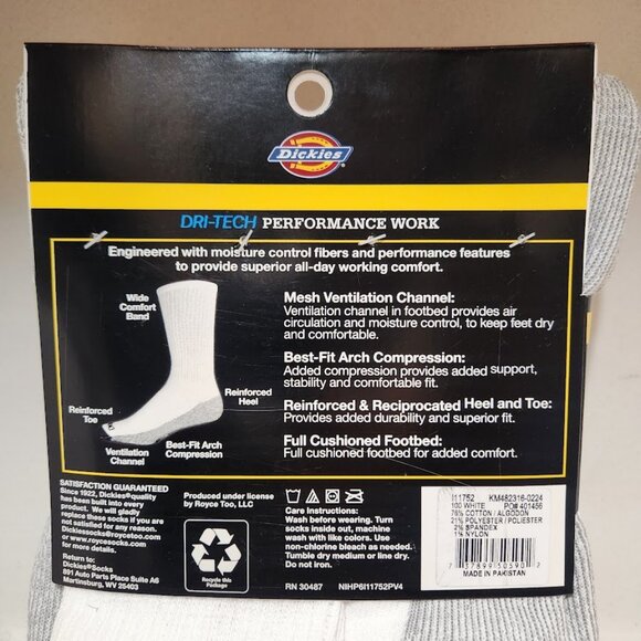 NEW Dickies Men's Dri-Tech Moisture Control Crew Socks 6 Pack Size XL White - Picture 3 of 11